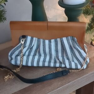 Antik Kraft Striped Crossbody Bag And Clutch With Gold Chain And Wooden Handle